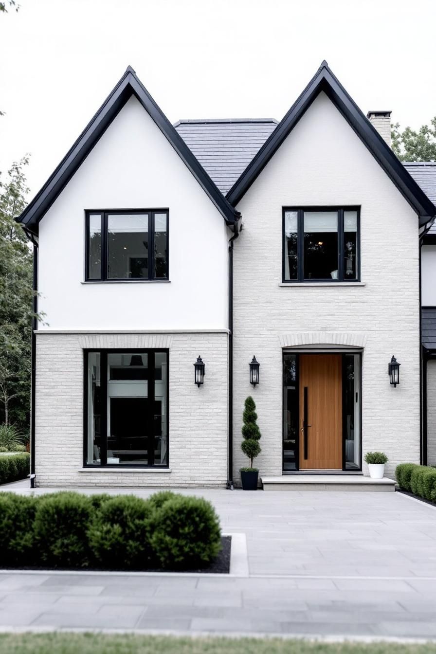 Modern house with peaked roofs and black-trimmed windows