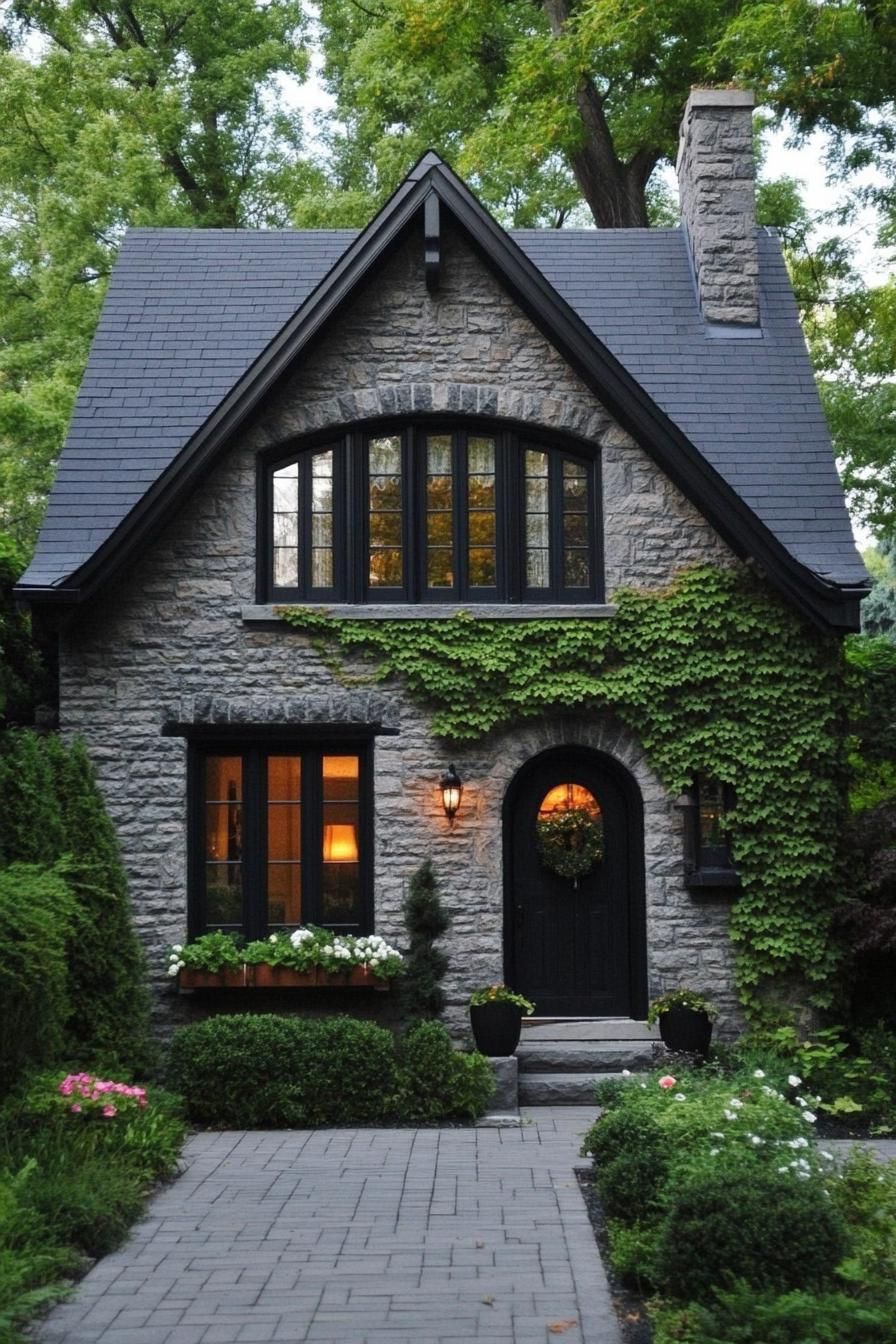 modern cottage with stone brick siding stone grey roof windows with black trim arched entry door wall overgrown with vines paved yard with 1