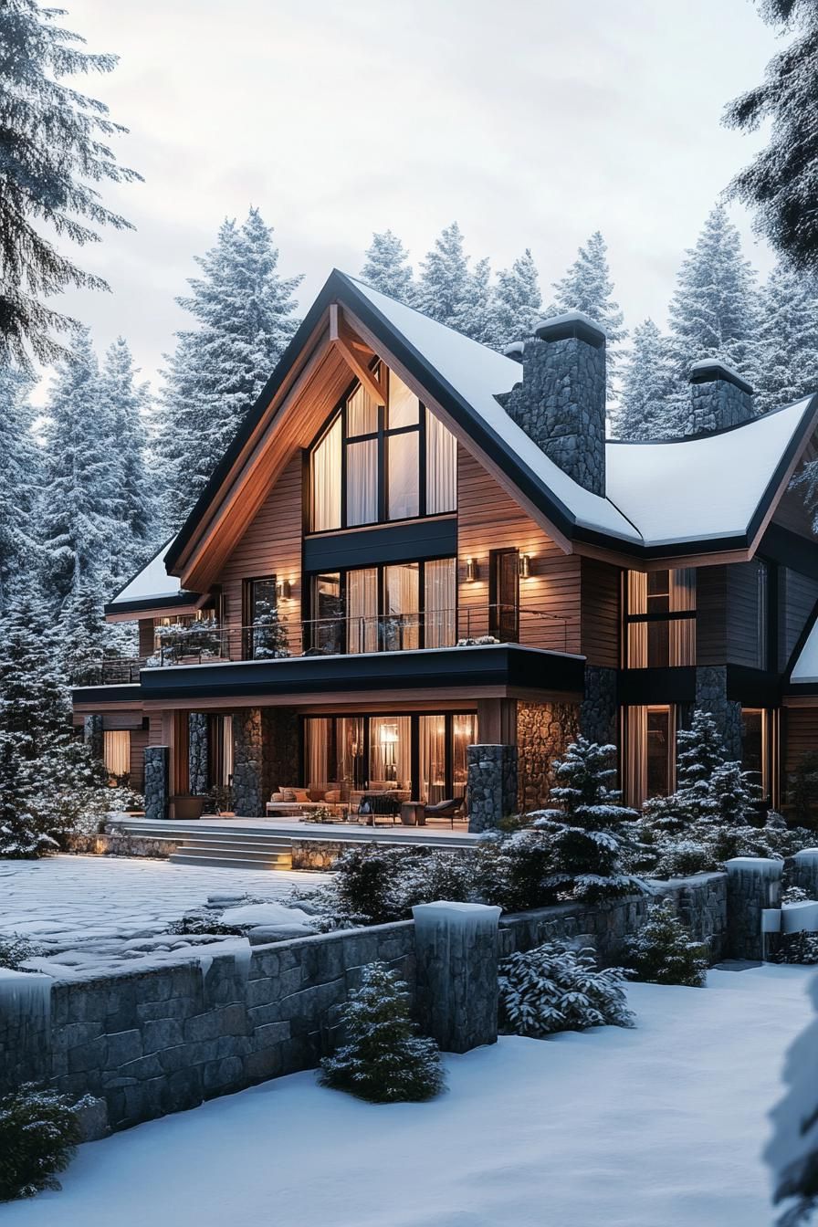 front view of a modern forest mansion in winter wooden siding large modern windows multi pitched roof with snow large front porch front stone 3