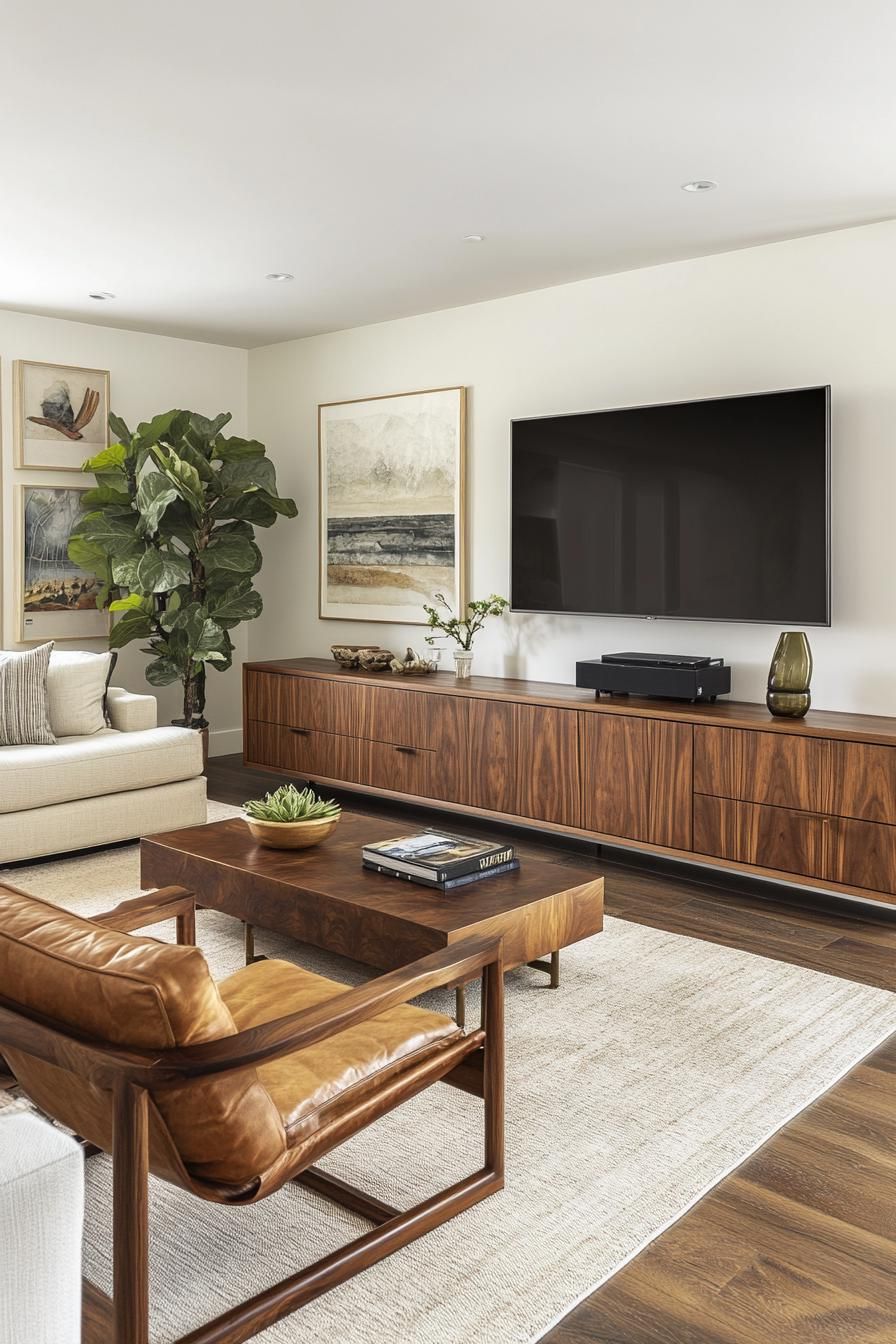 Mid-century modern living room with wooden furniture and plants