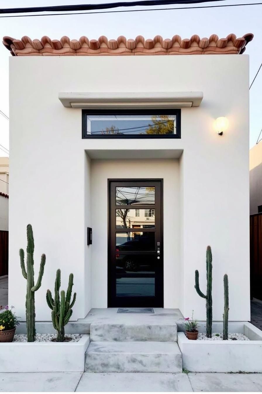 Modern Spanish bungalow entrance with cacti