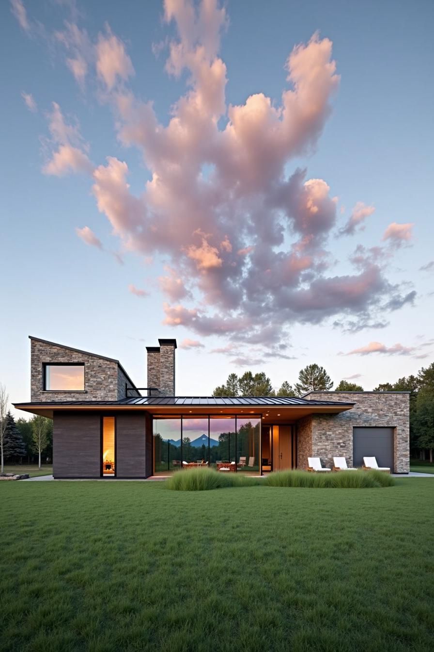 Modern rancher with glass walls and scenic sky