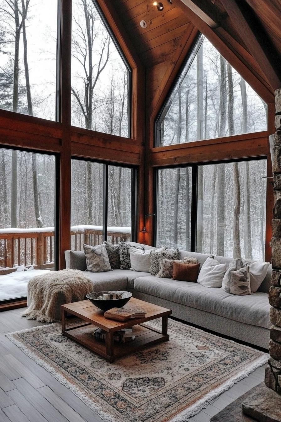 interior of a frame cabin in the woods it has full wall windows stone fireplace lofted area with railings living area with sectional sofa with 1