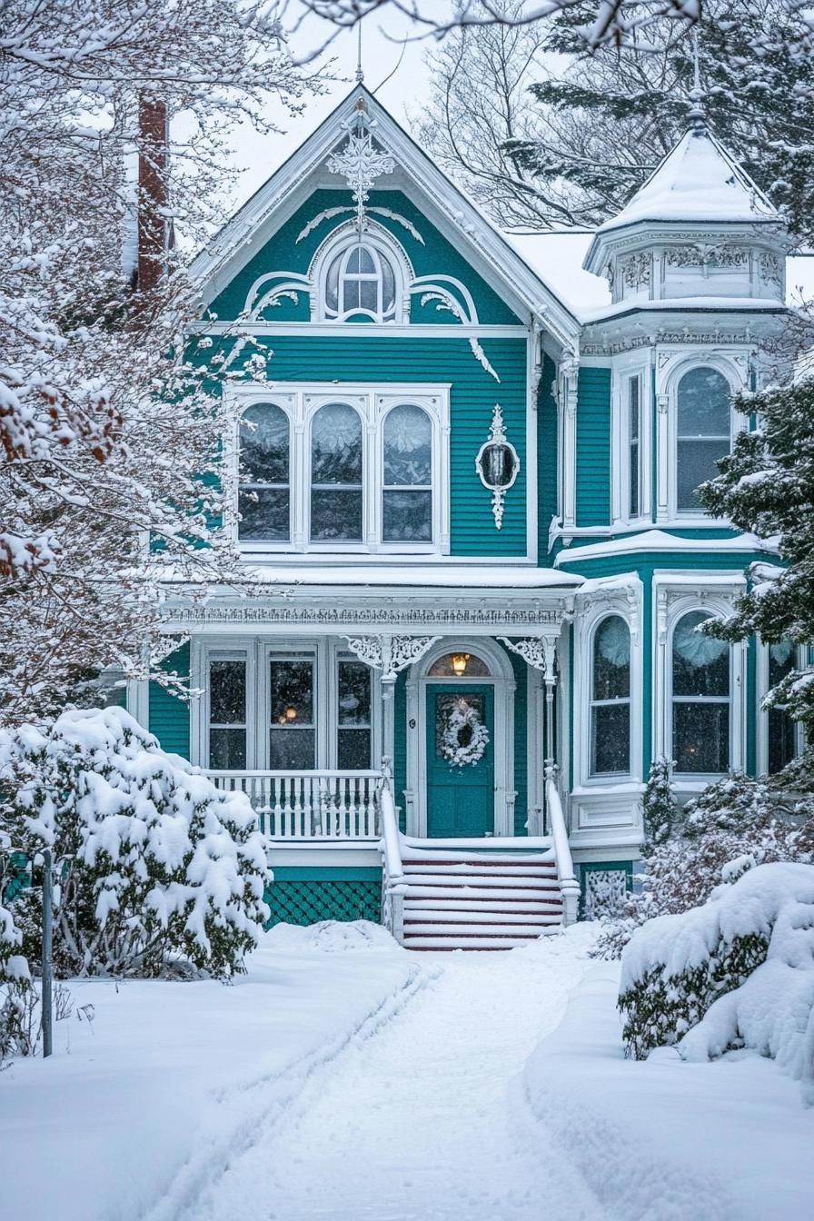 front view of a Victorian house in winter teal siding white trim with moldings and embellishments large windows bay windows white trim porch 3