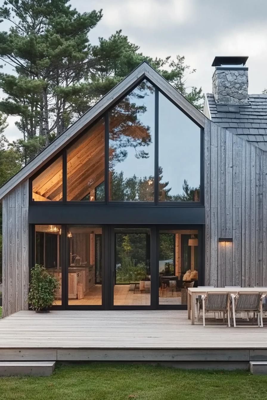 modern house with reclaimed timber cladding light grey wood decks large modern windows and glass doors with black trim a frame roof porch with 4