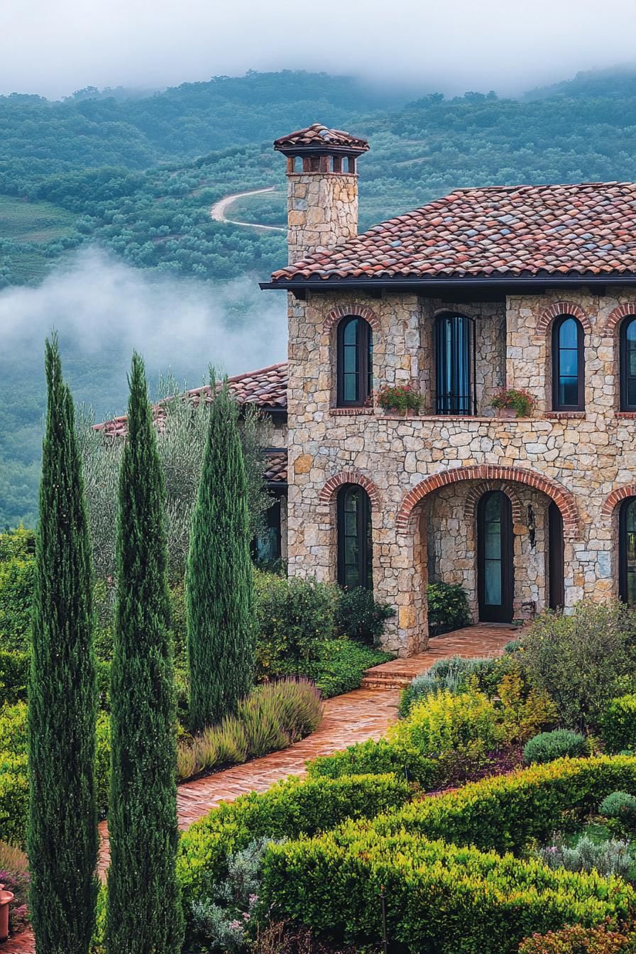 italian villa with multi colored stone facade vineyard italian cypress plants misty valley hills in the background