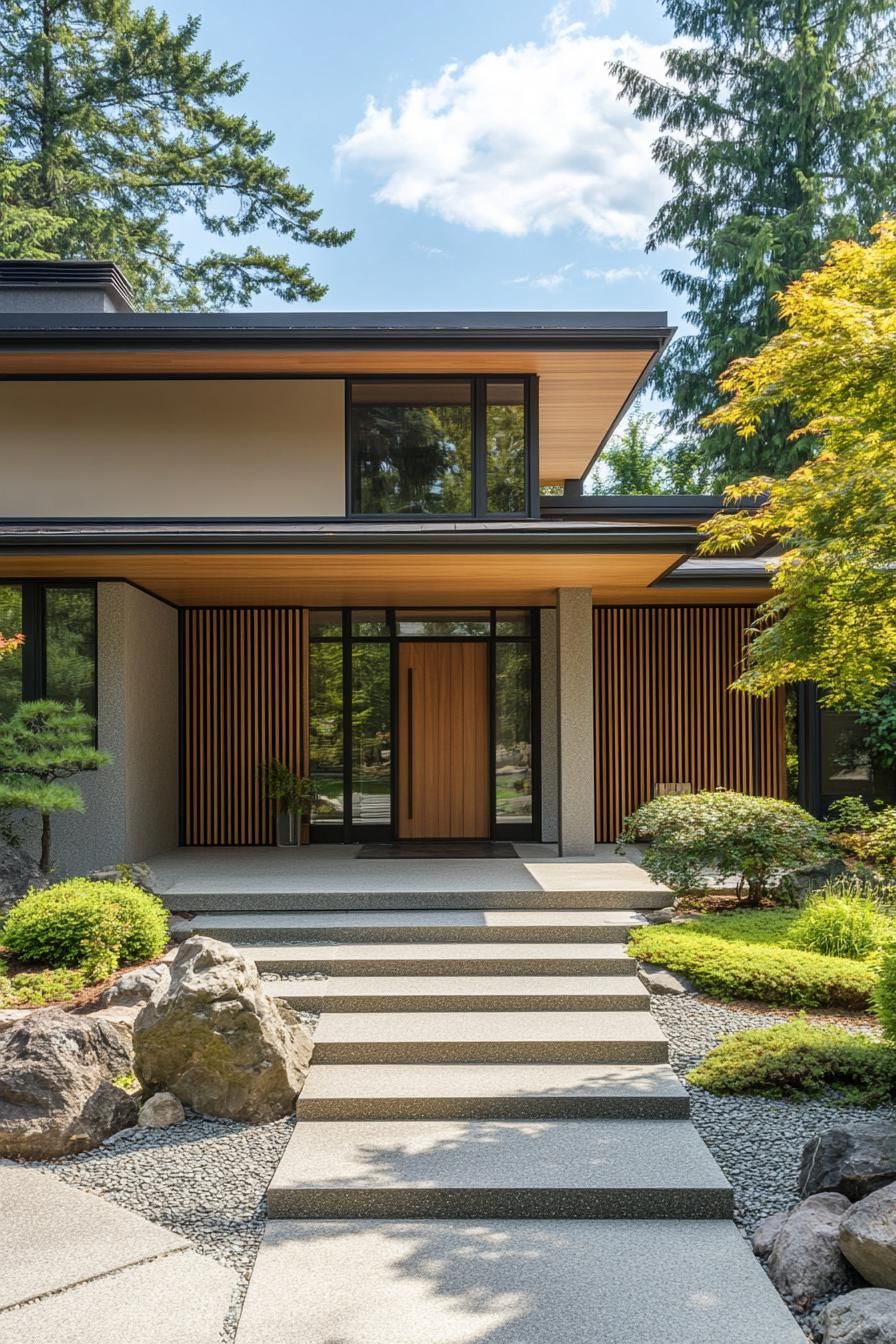 Minimalist house with wooden accents surrounded by greenery