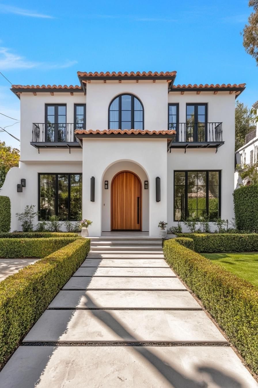 Spanish villa with arched wooden door and sleek black framed windows