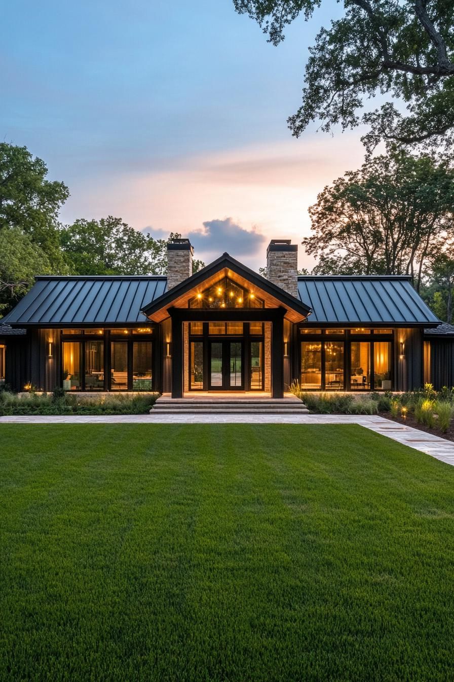 Rancher house with glowing lights during sunset