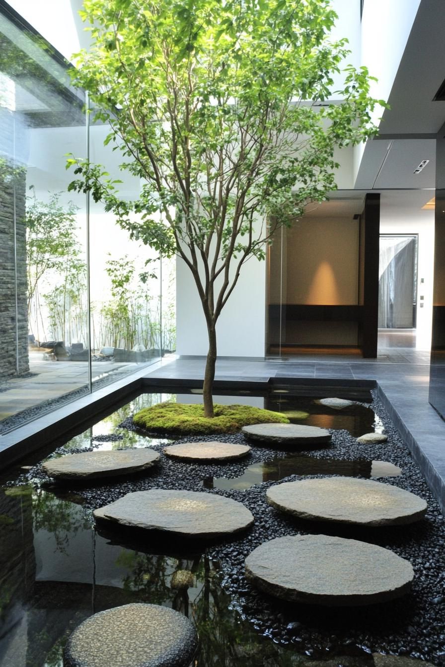 Modern interior with stepping stones and tree in water feature