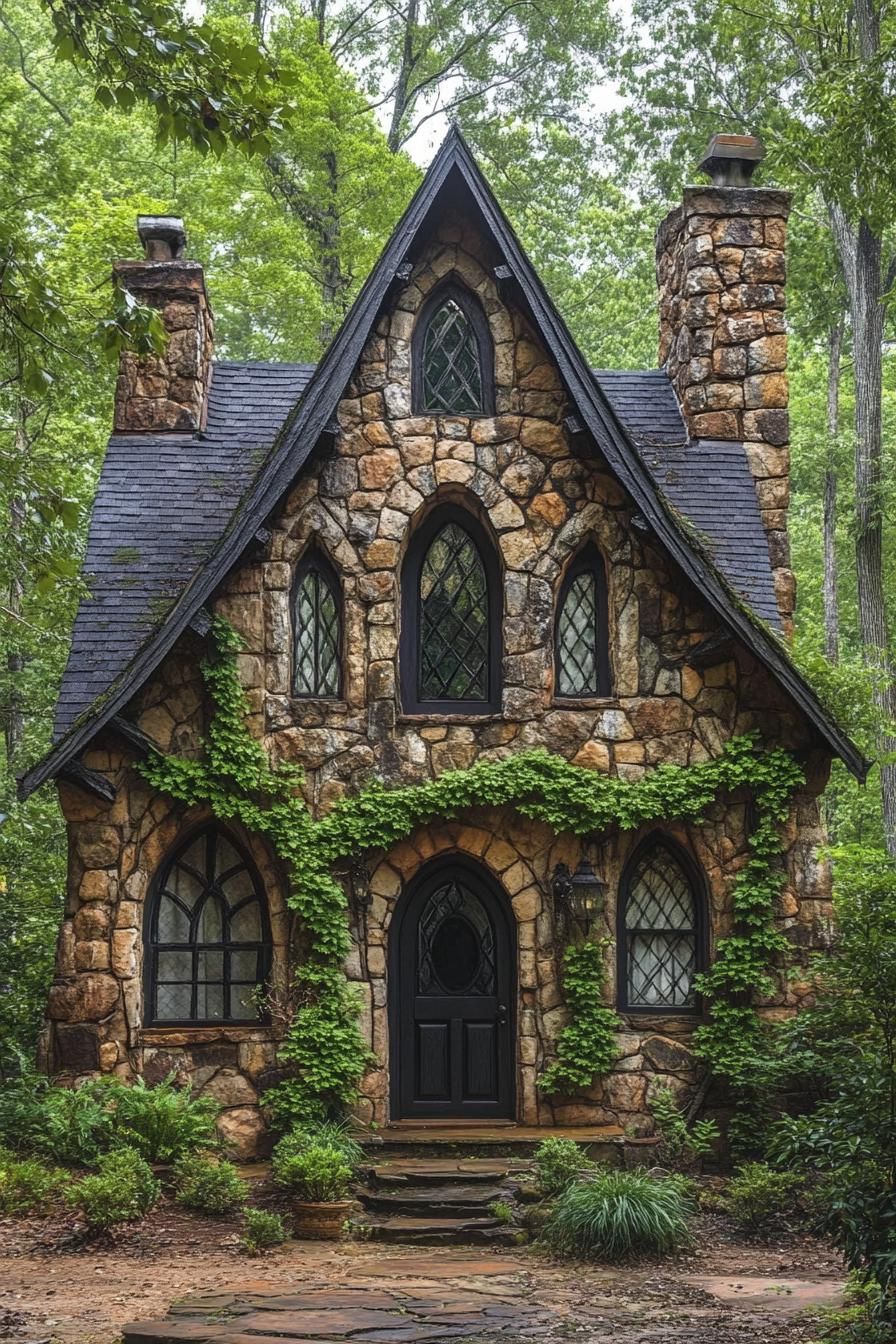 Charming stone cottage with pointed roof surrounded by greenery