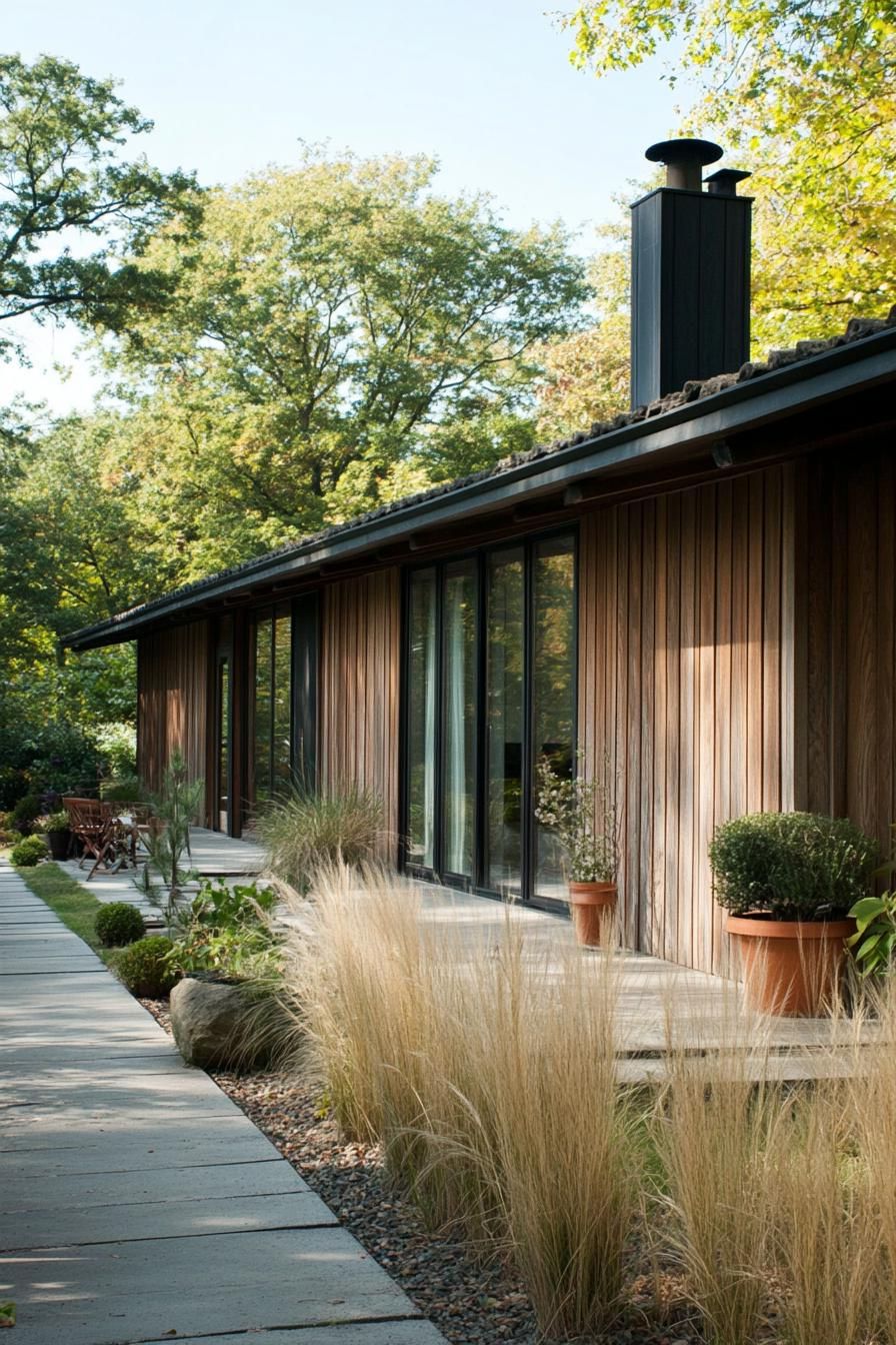 Contemporary long house with wooden facade