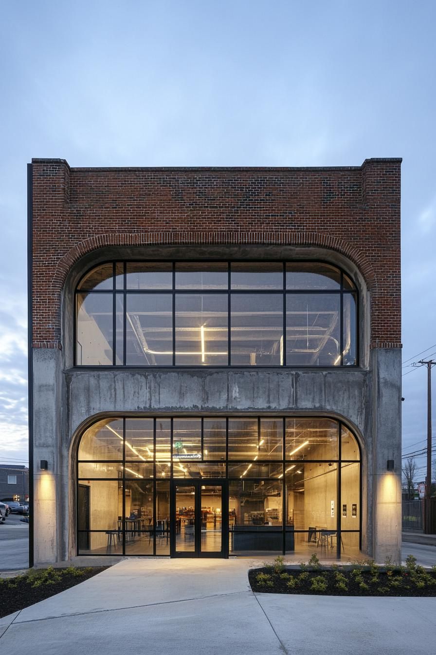 Exterior view of a modern brick and glass commercial building at dusk