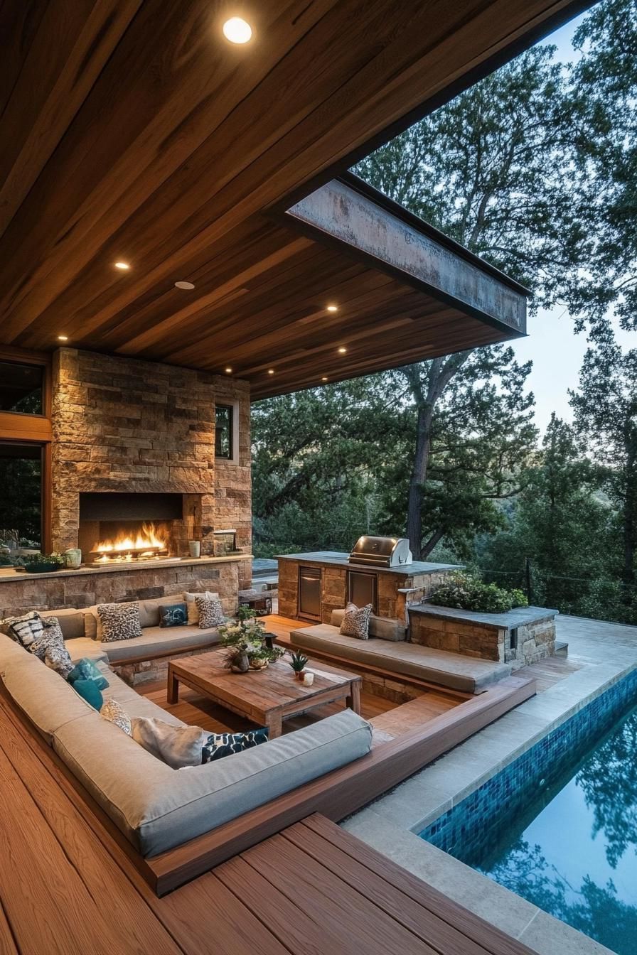 Cozy outdoor living space with a fireplace, seating, and pool