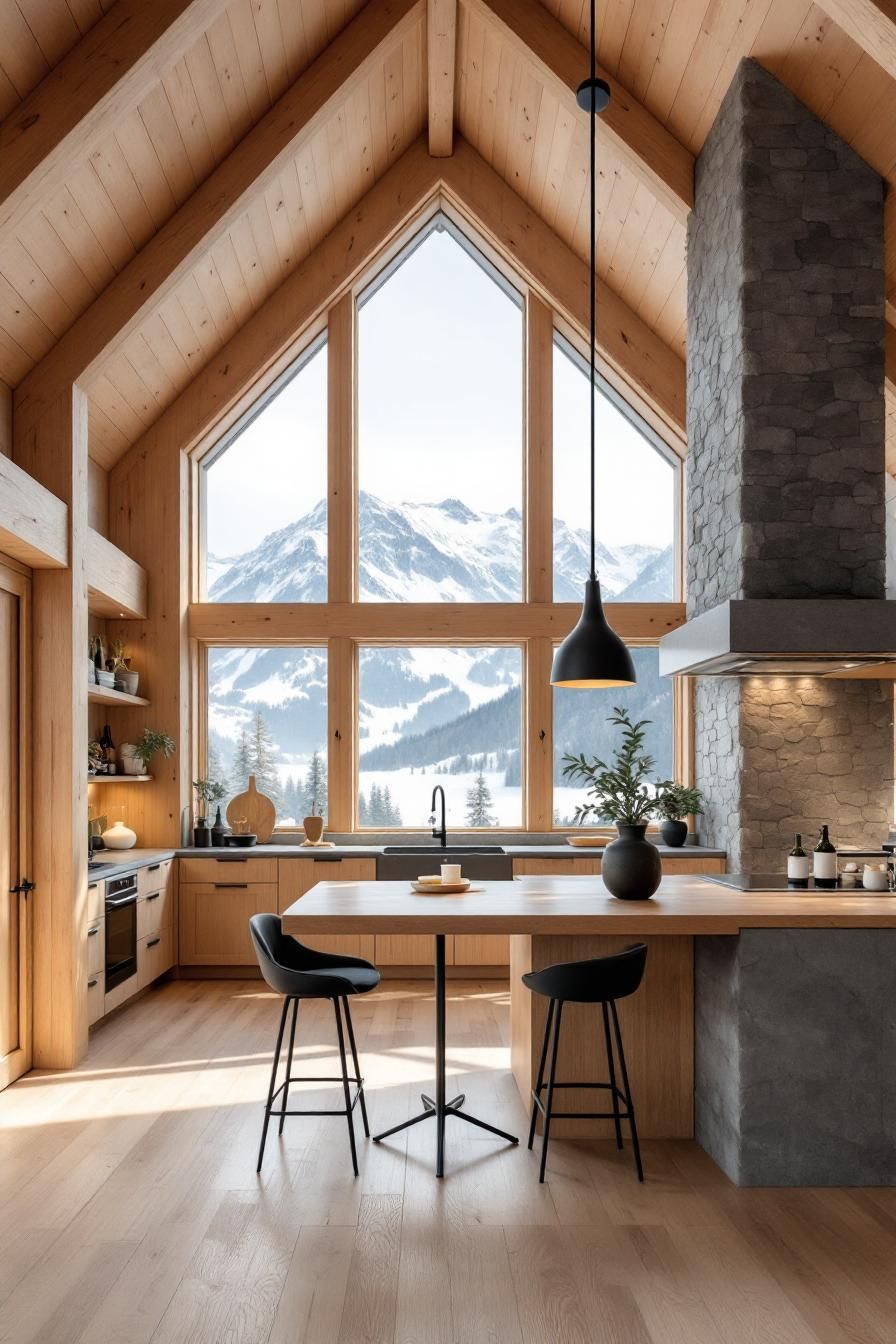 Modern cabin interior with large windows and snowy mountain view