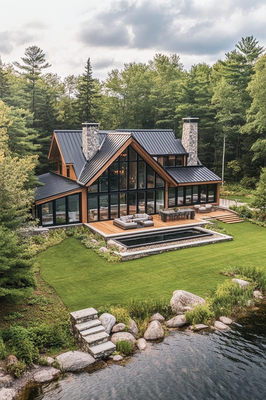 Modern wooden house with large windows by a lake in a forested area