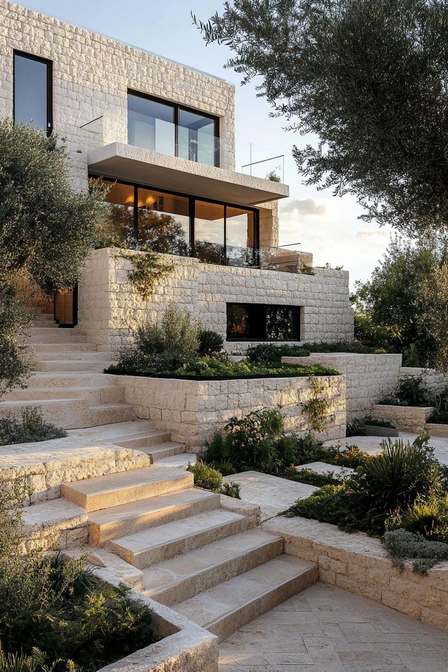 contemporary limestone mediterranean house with multi levels no roof roof terraces modern windows cascading garden with steps trees and native 1