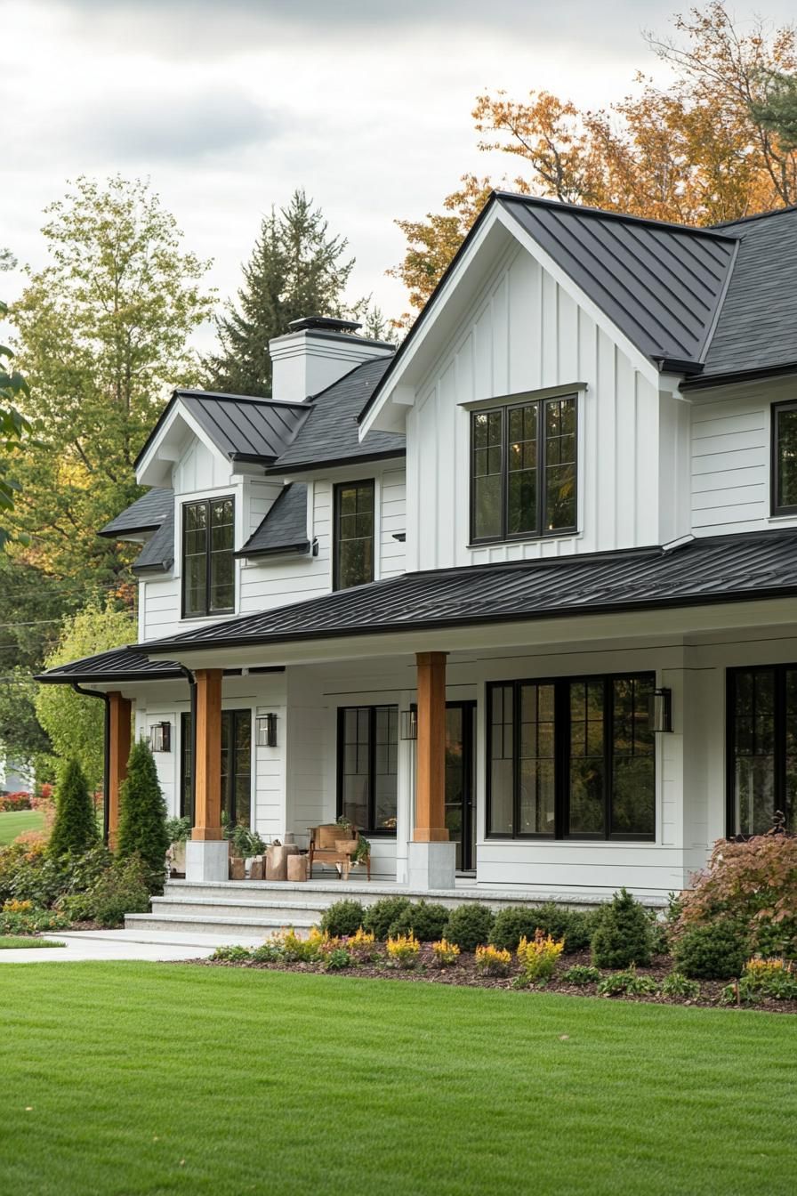 modern farmhouse with white siding white concrete foundation black multi pitched roof windows with black trim porch with natural wood beam posts 1