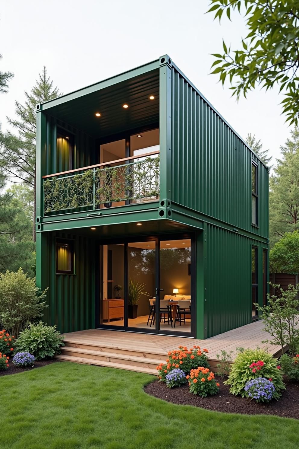 Green double-decker container home with a balcony and garden