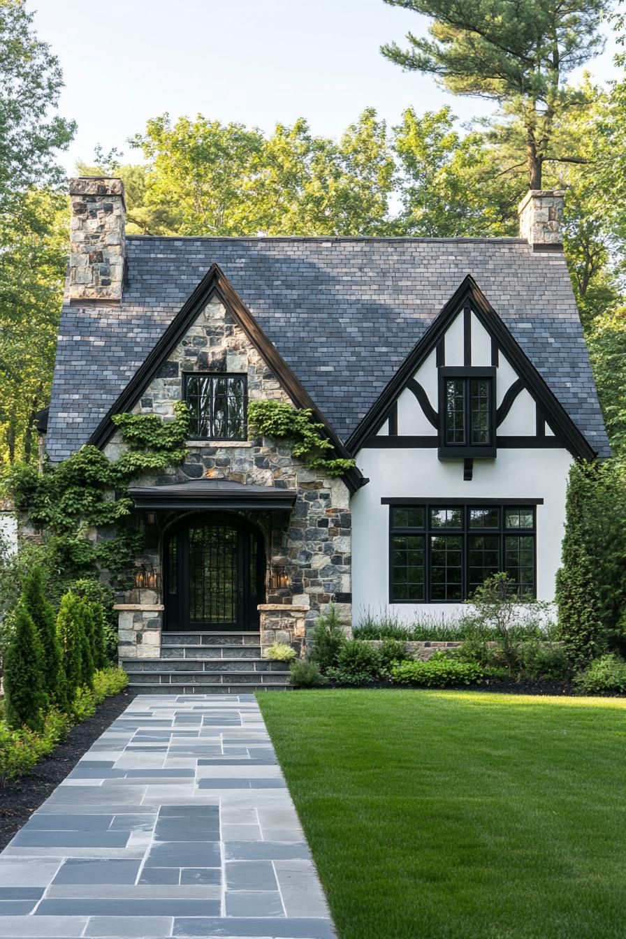 modern tudor style cottage with stone facade mixed with white black detailing facade with vines paved yard with lawn and geometric shrubs 3