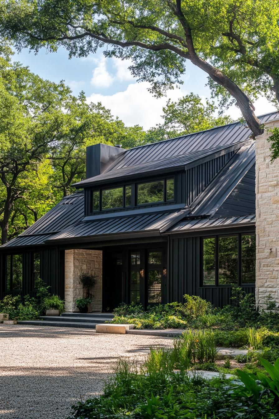 Contemporary black house surrounded by lush greenery