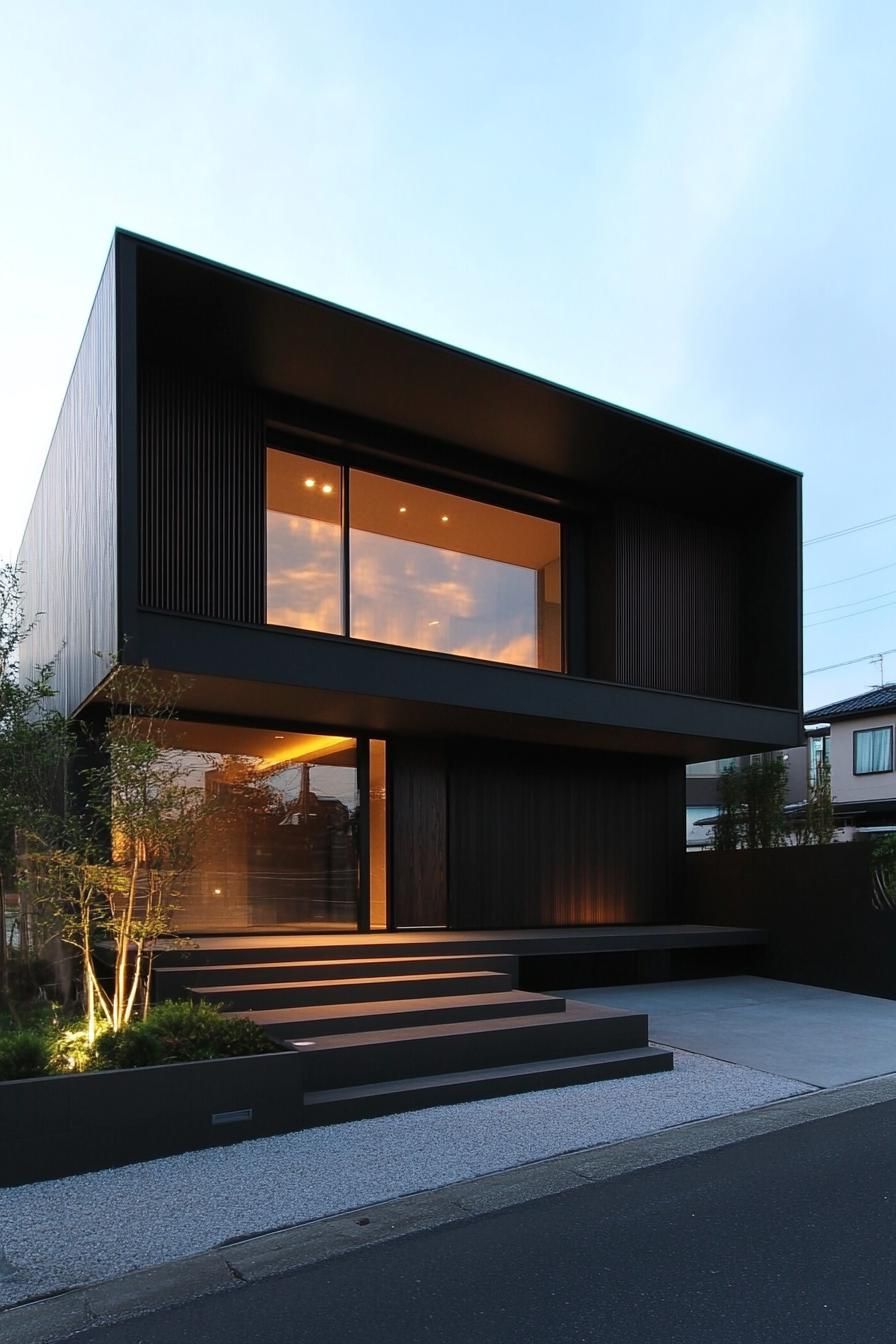 Modern cube house with glowing windows at dusk