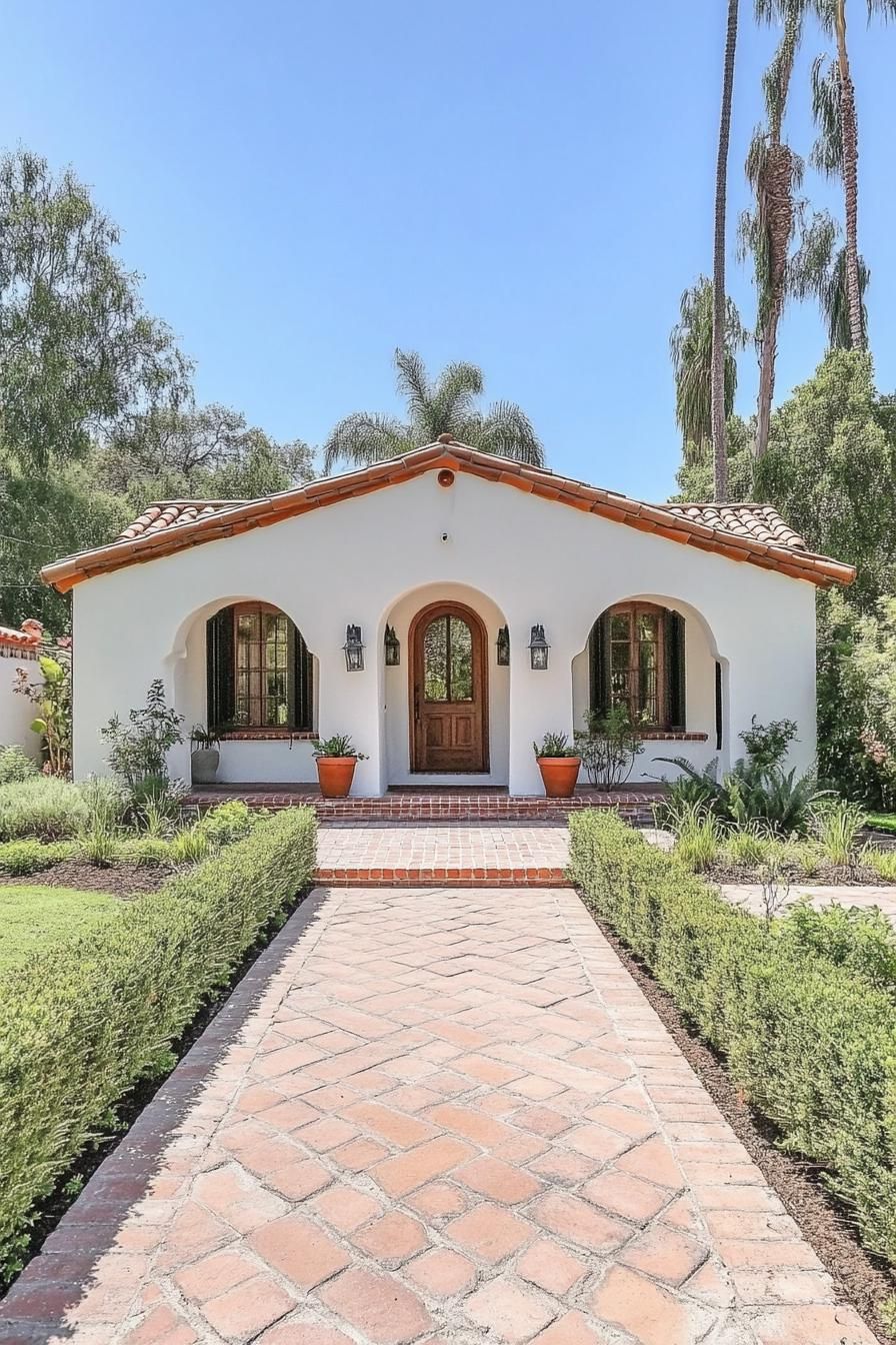 Spanish-style bungalow with arched windows and tile roof