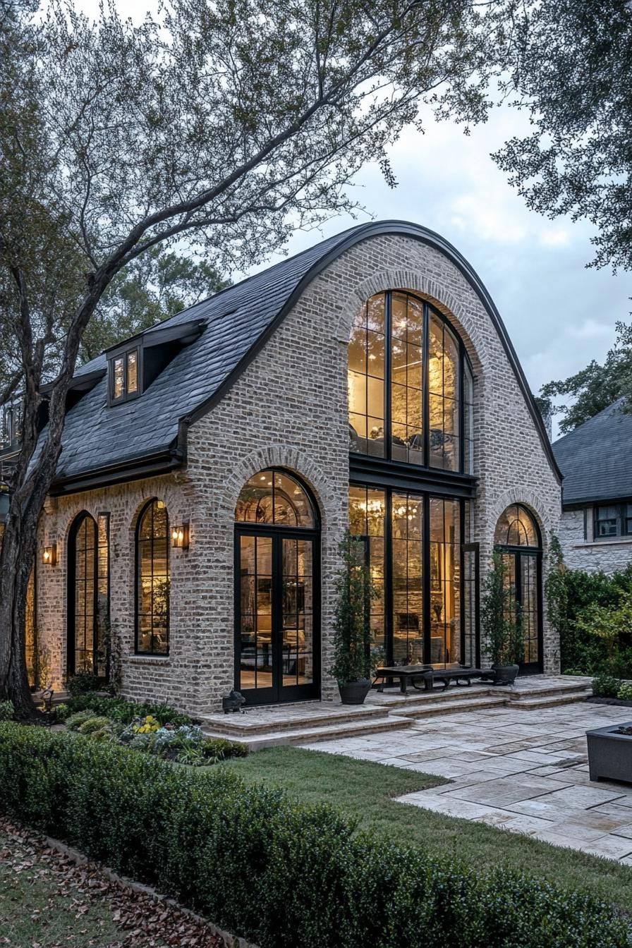 contemporary french cottage style house with multiple pitch roof chimnay limestone brick siding arched modern windows with detailing arched front 2