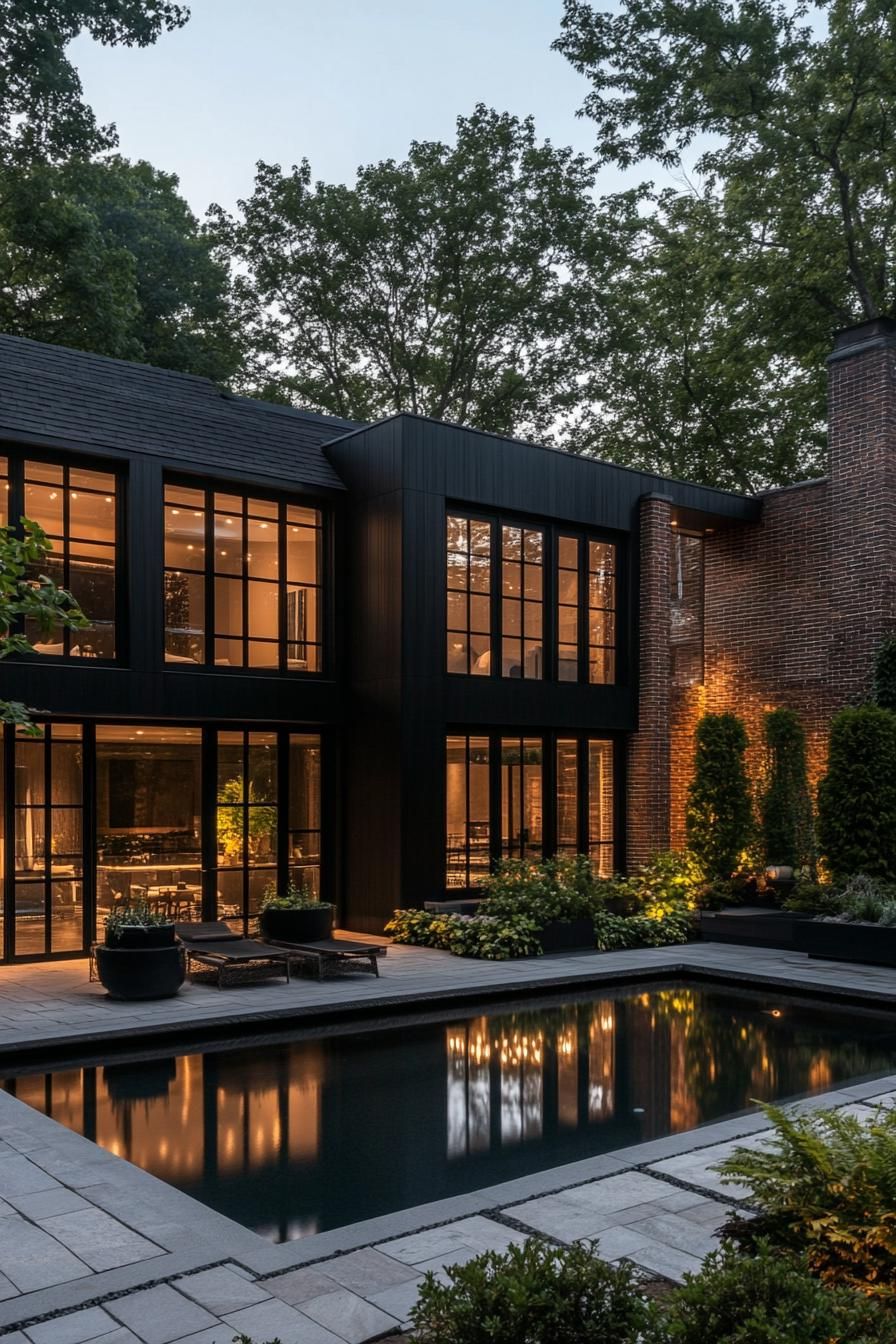 Contemporary house with large windows by a pool at dusk