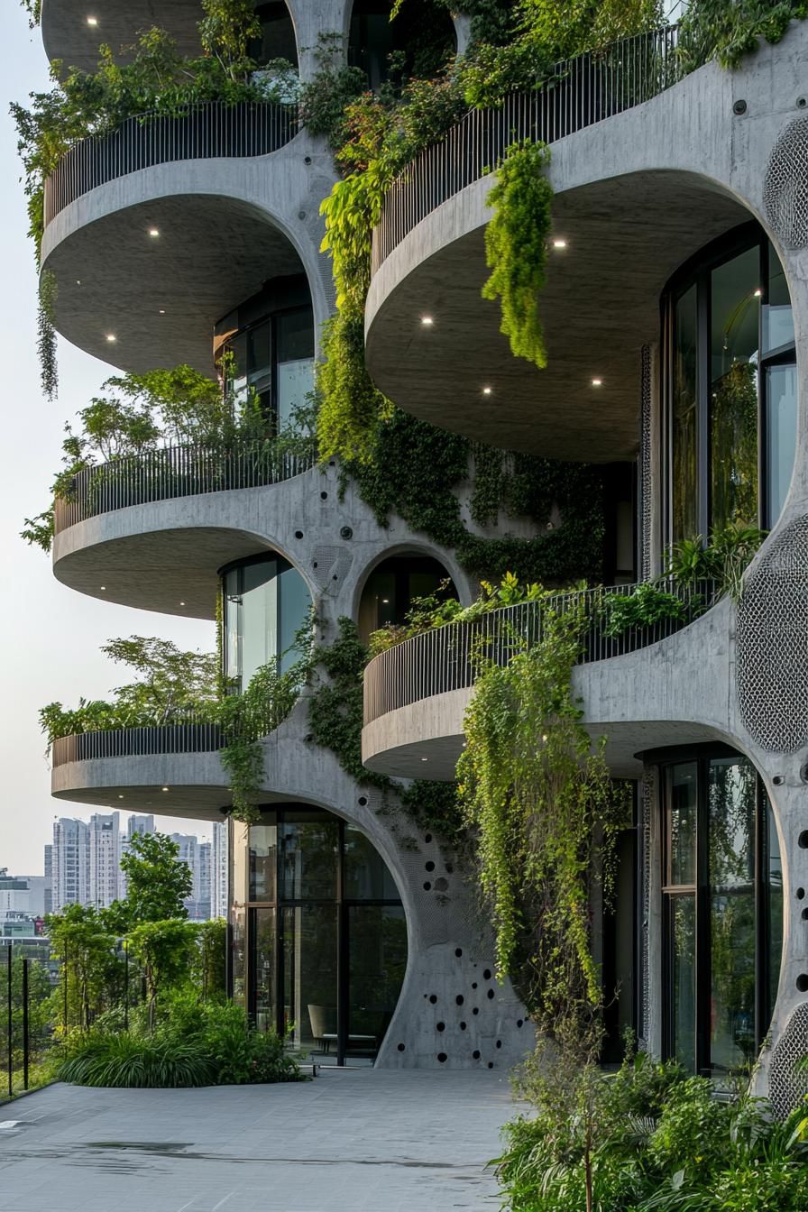 Modern building with curved balconies and lush greenery