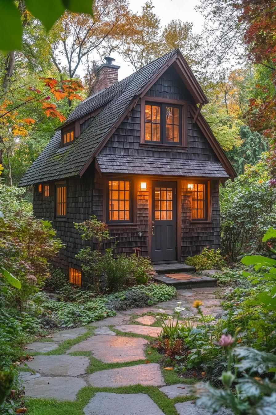 Cozy two-story wooden house amidst trees with warm lights glowing