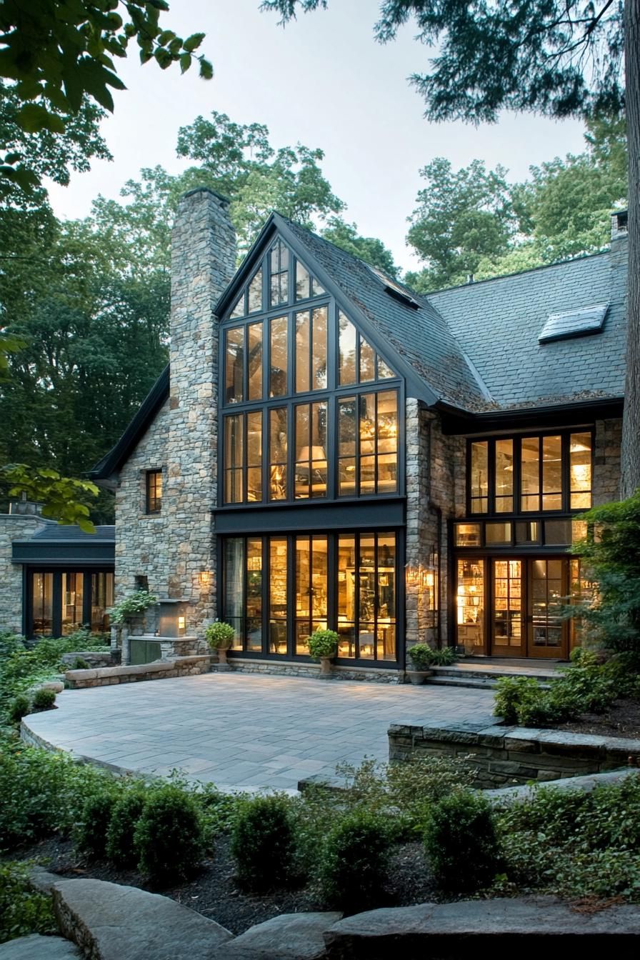 Charming stone cottage with large windows and cozy outdoor patio