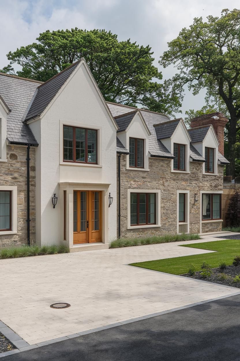 A charming suburban house with stone and stucco facade