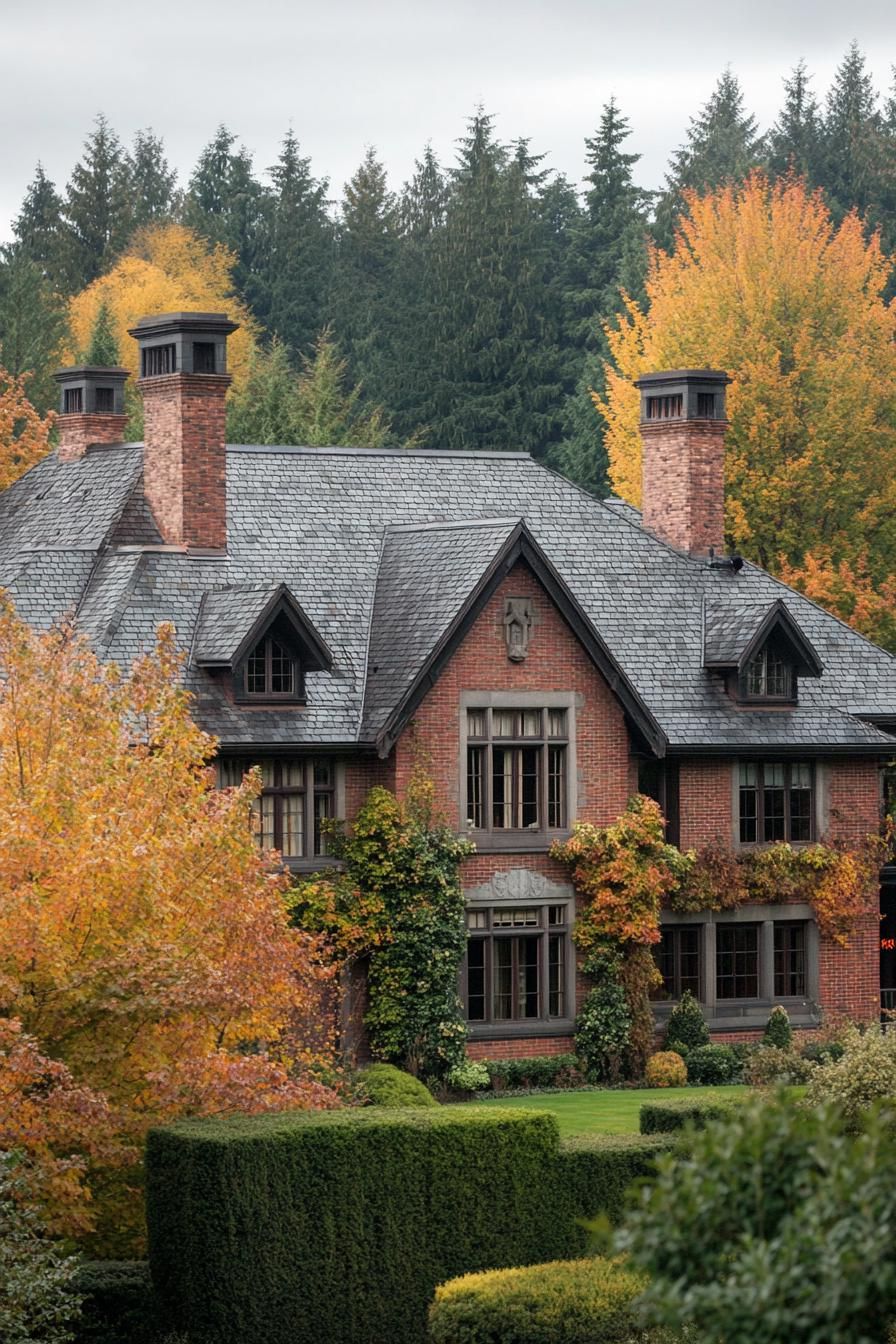 high angle view of large manor house with brick siding modern windows roof with gables and grey stone shingles chimney vines on facade front 1