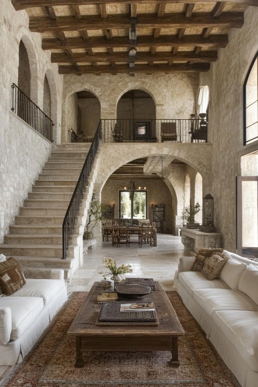 interior of italian villa stone walls arched windows arches stairs wooden beam high ceiling creamy bulky sectional furniture rustic coffee 1