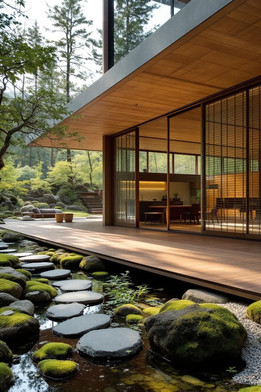 A minimalist wooden house with a stone path leading over a tranquil pond