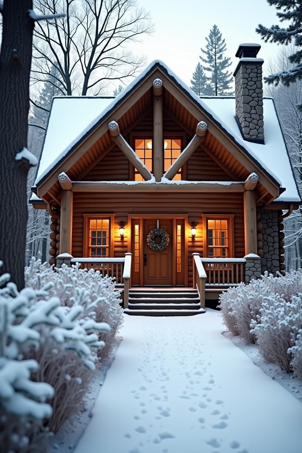 Cozy log cabin in snow with warm lights