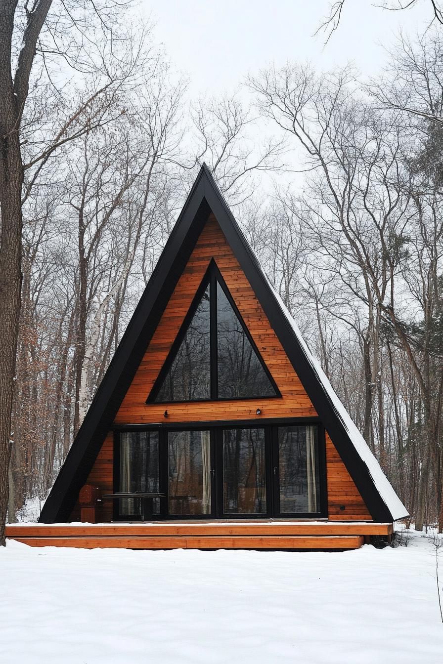 A-frame cabin surrounded by snowy forest