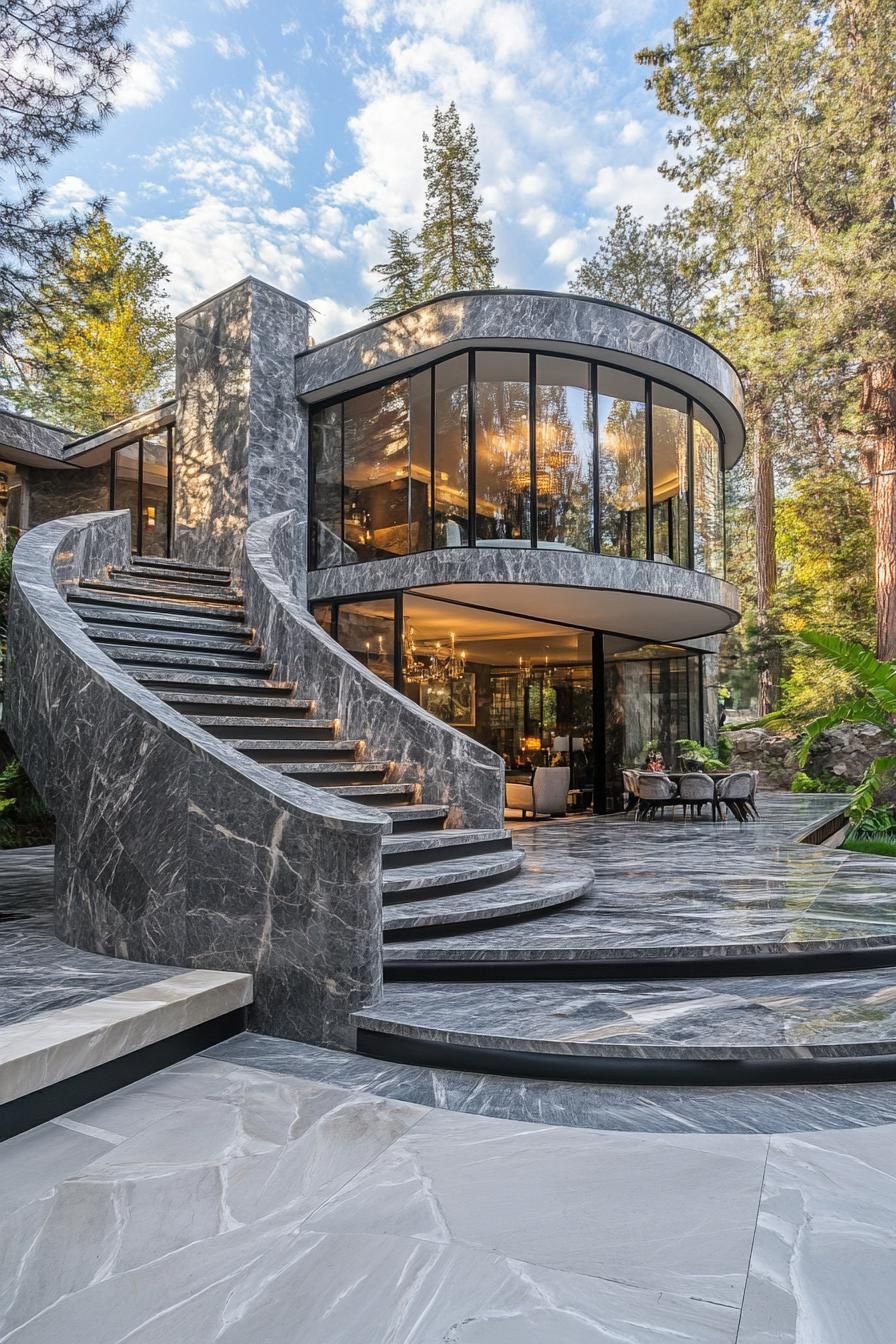 art deco curved grey granite house with indoor outdoor transition stairs leading to the upper floor with full wall glass downstairs living area with 3