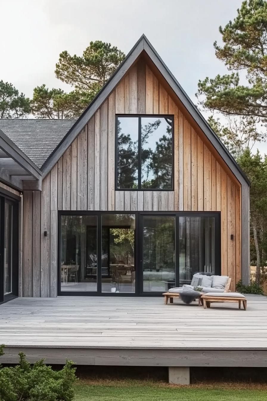 modern house with reclaimed timber cladding light grey wood decks large modern windows and glass doors with black trim a frame roof porch with 2