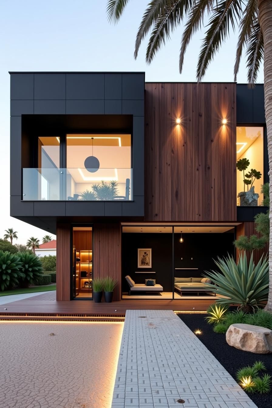 A modern black house with wooden accent walls and large glass windows