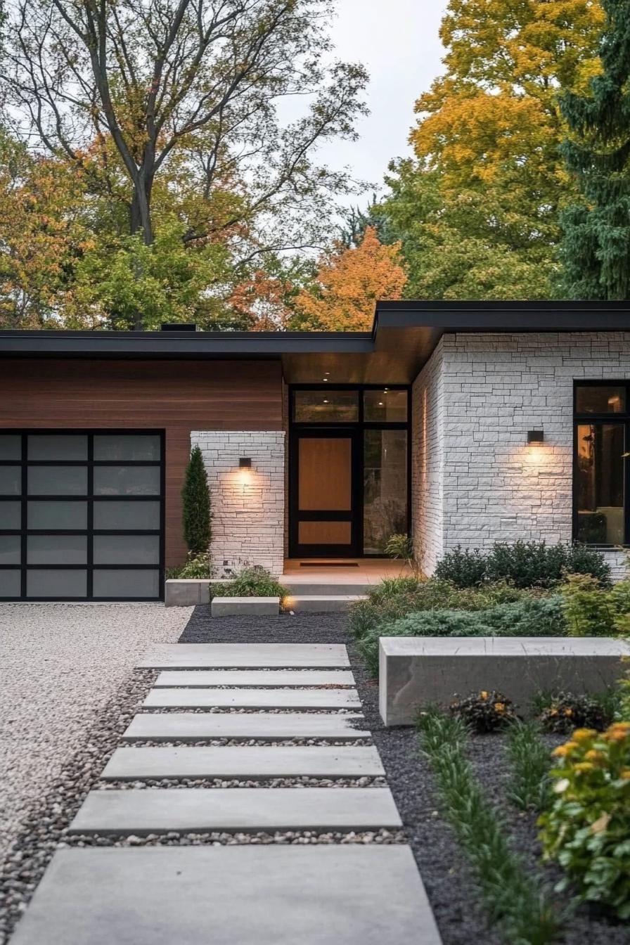 contemporary house exterior with flat roof white stone brick siding dark stained wood accents wooden garage and front door full wall modern