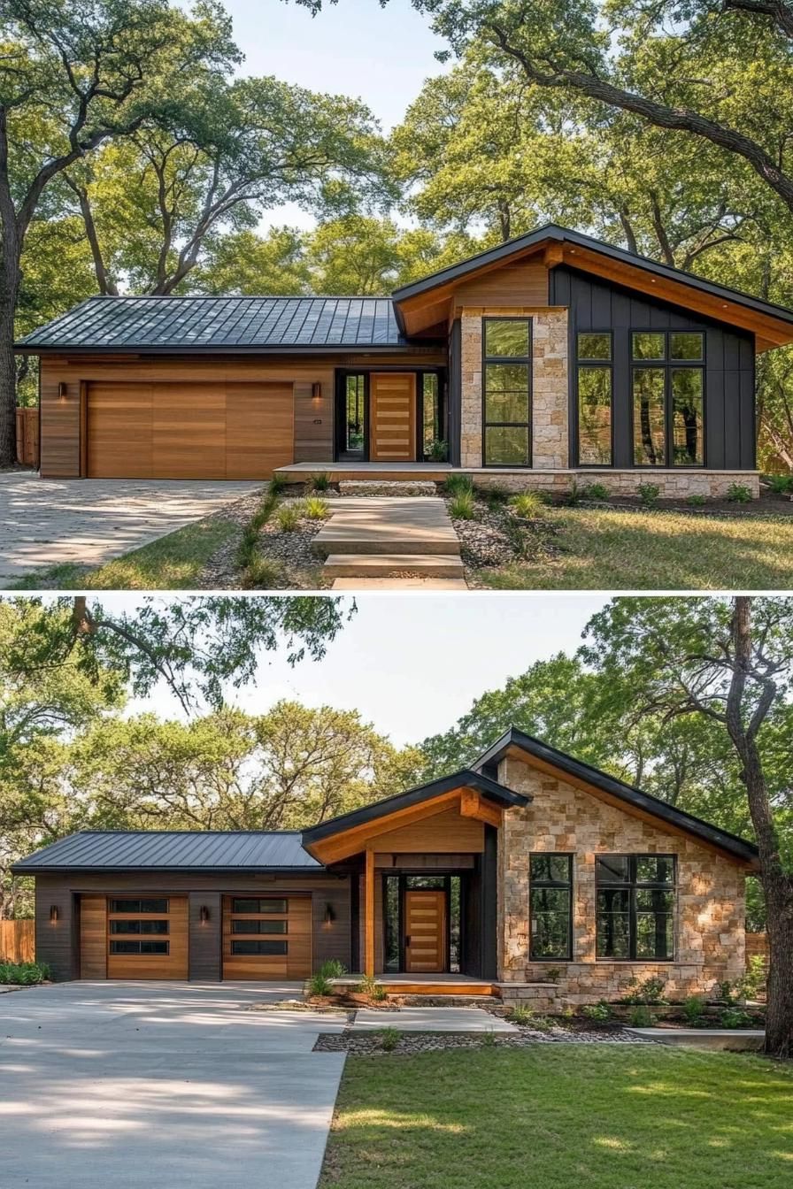 Modern ranch house surrounded by trees with stone and wood facade