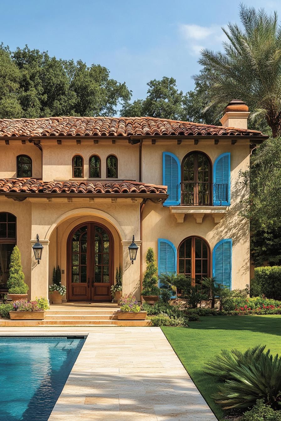 Colonial-style house with blue shutters and a pool