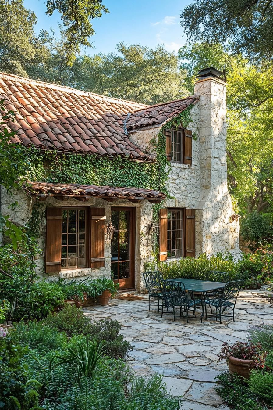 A quaint cottage with a stone chimney and ivy-covered walls