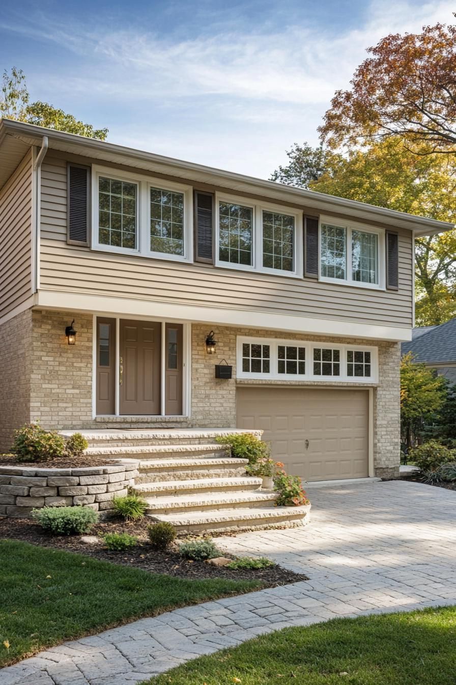 Front view of a split level house with brick and siding