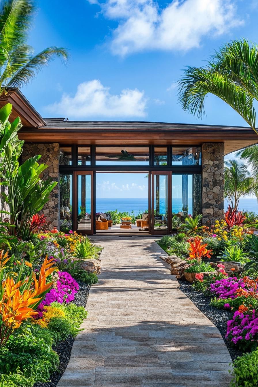 Pathway to a tropical house with a lush garden and ocean view