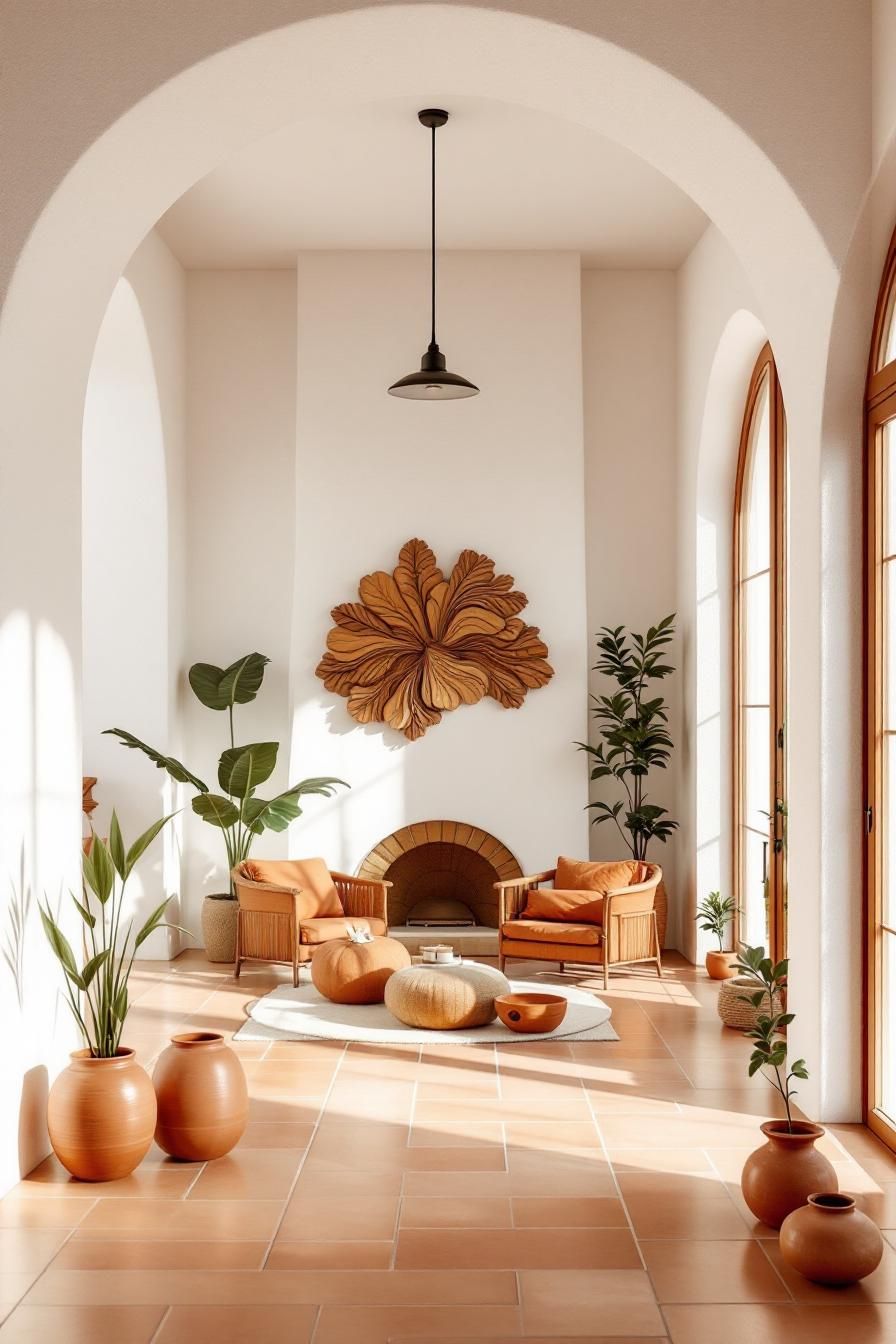 Bright living room with terracotta tiles and wooden art