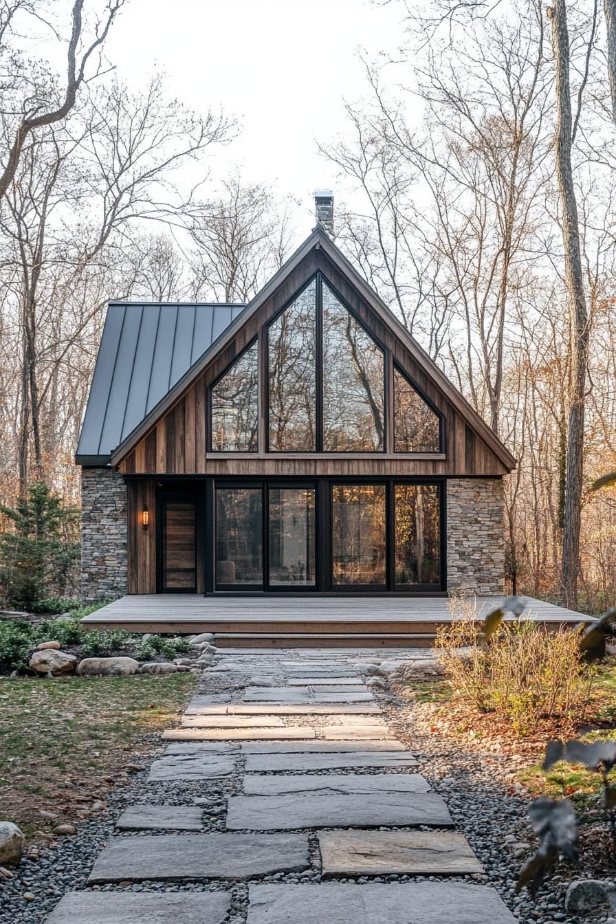 Cabin with large glass windows in the forest