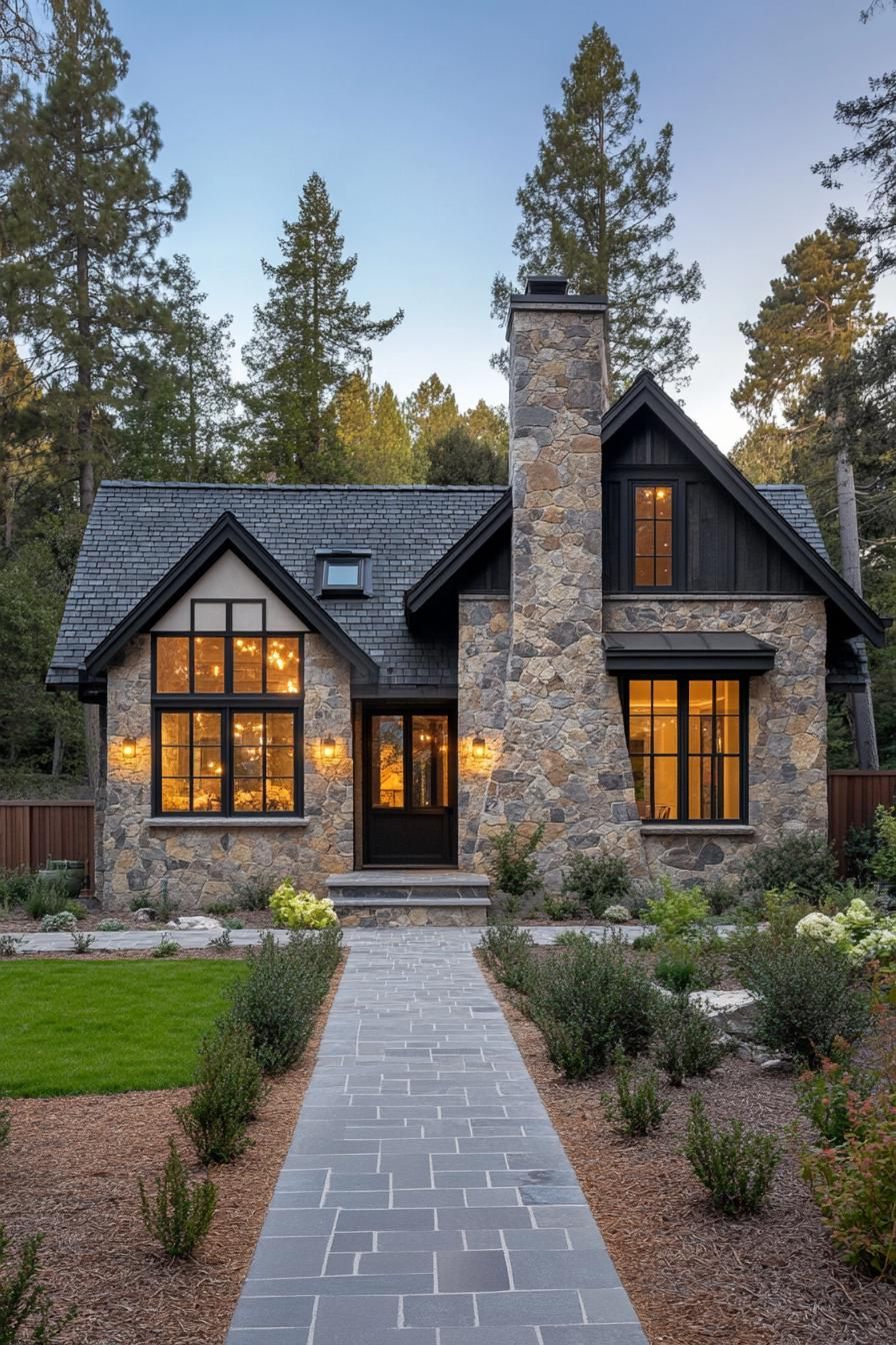 Quaint stone house with glowing windows and a dark roof